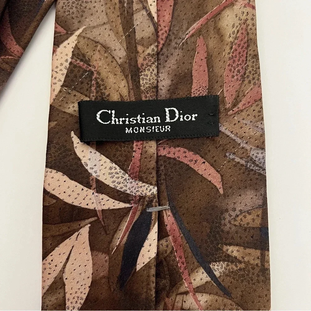 Christian Dior Monsieur Brown Abstract Leaf Nature Print Office Necktie Mens Tie